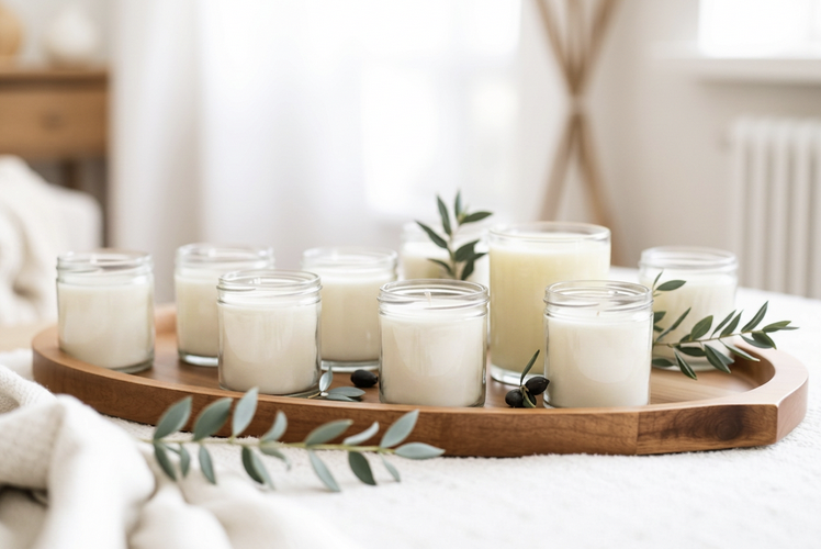A lit soy candle in a glass jar beside an olive branch on natural linen
